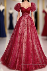 Unique And Beautiful Wine Red Sequin Square Neckline Short Sleeved Ball Dress Wine Red A-Shaped/Princess Fluffy Backless Tie Bow And Floor Length Evening Dress